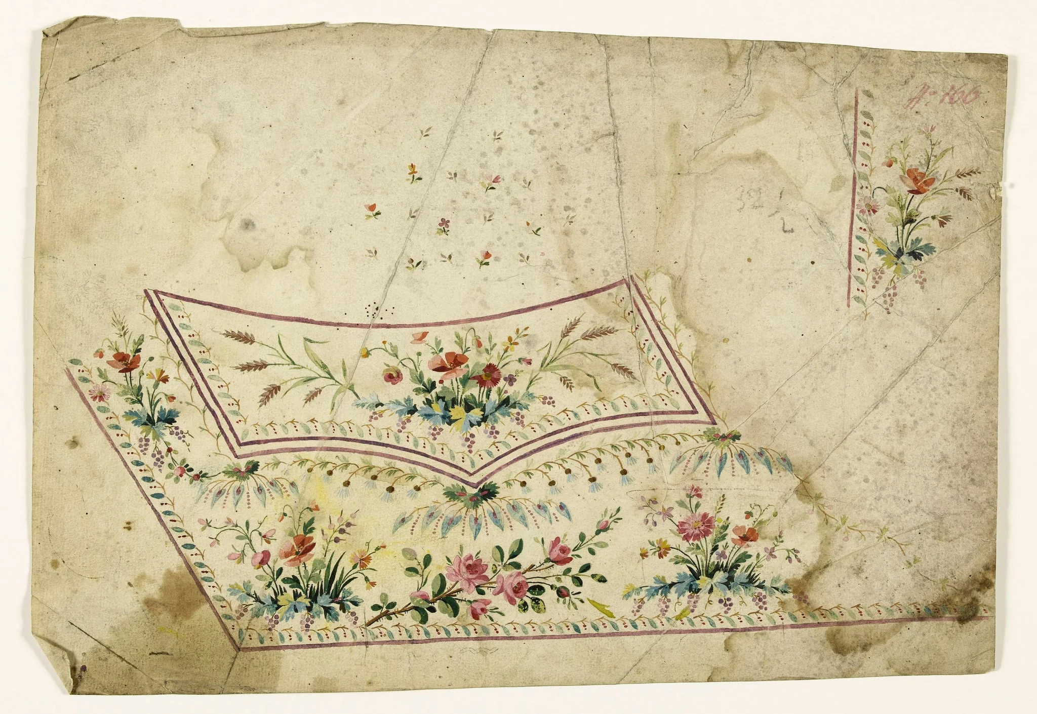 Composition florale avec grappes et épis, projets de broderies de gilet, XVIIIème siècle, detail