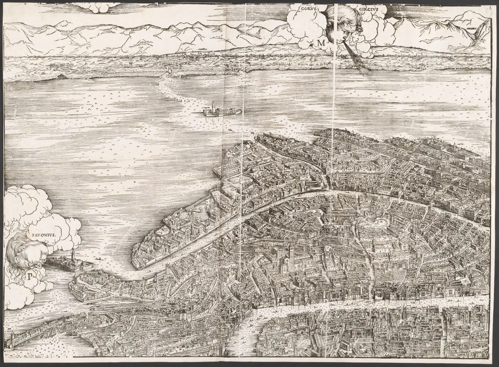 View of Venice [upper left block], by Jacopo de' Barbari, ink, 1500