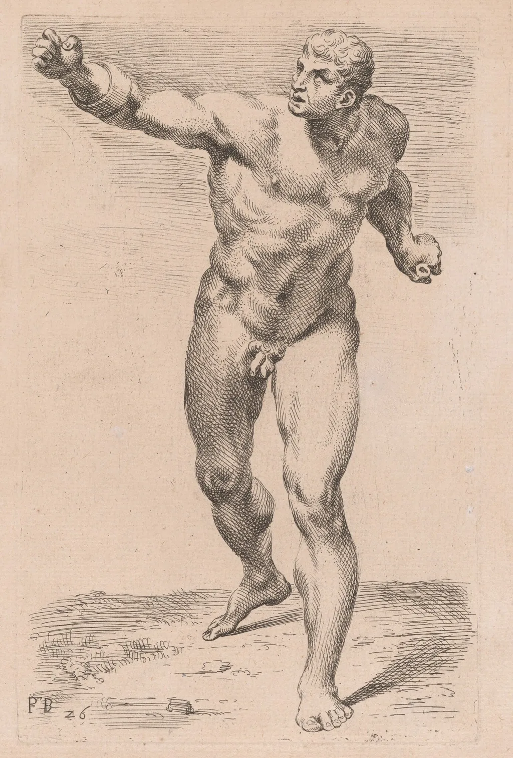 The Borghese Gladiator, front view [plate 26], by François Perrier, ink, 1638