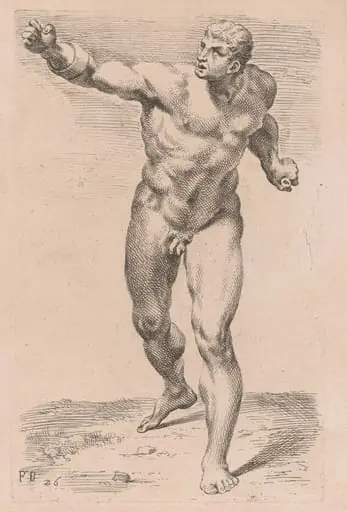 The Borghese Gladiator, front view [plate 26], by François Perrier, ink, 1638