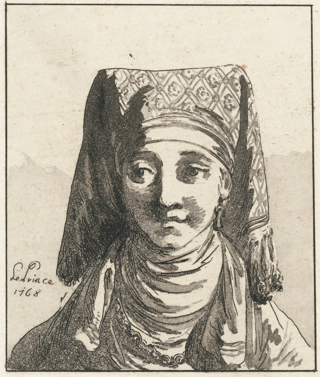Head of a Woman, Full Face, by Jean-Baptiste Le Prince, ink, 1768
