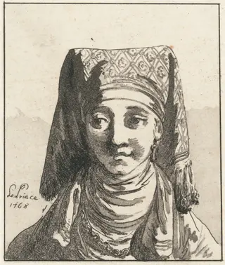 Head of a Woman, Full Face, by Jean-Baptiste Le Prince, ink, 1768
