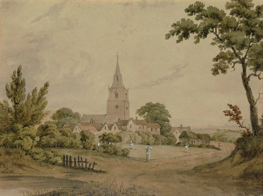 Village church and green, by William Westall, watercolor, 1800