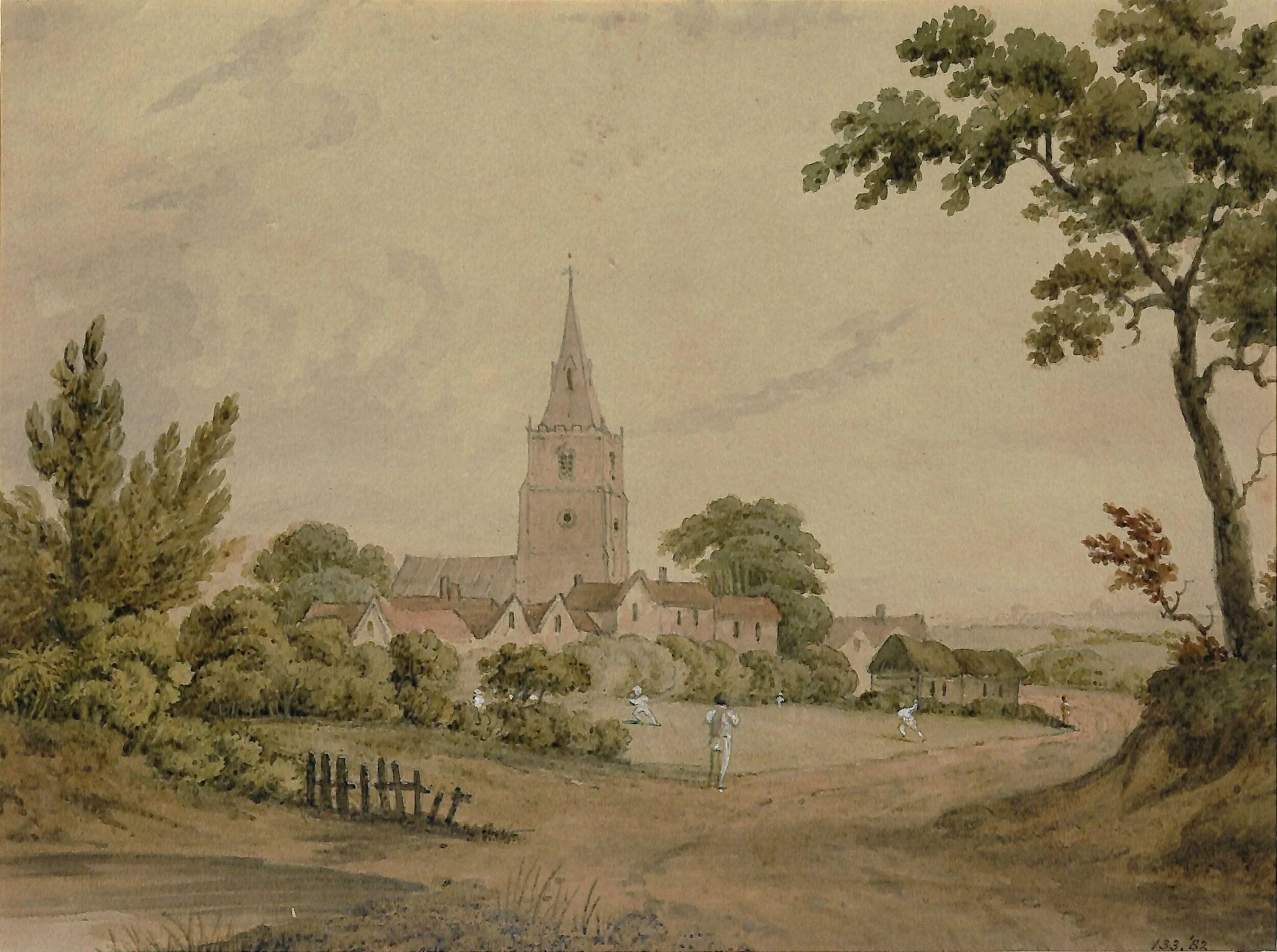 Village church and green, detail