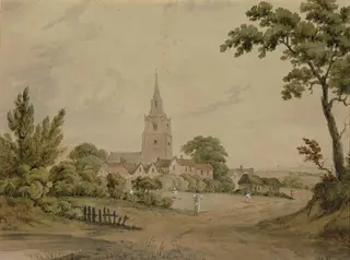Village church and green, by William Westall, watercolor, 1800