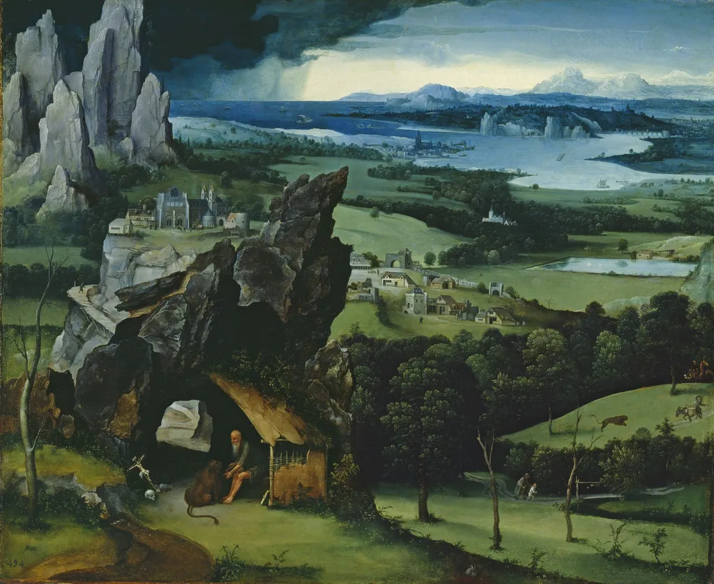 Landscape with St Jerome, by Joachim Patinir, oil, 1515