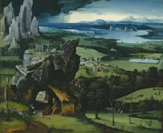 Landscape with St Jerome, by Joachim Patinir, oil, 1515