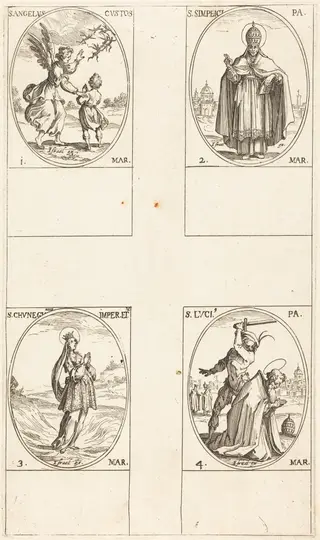 The Guardian Angel; St. Simplici; St. Cunegundes; St. Luci, by Jacques Callot, ink, 1634