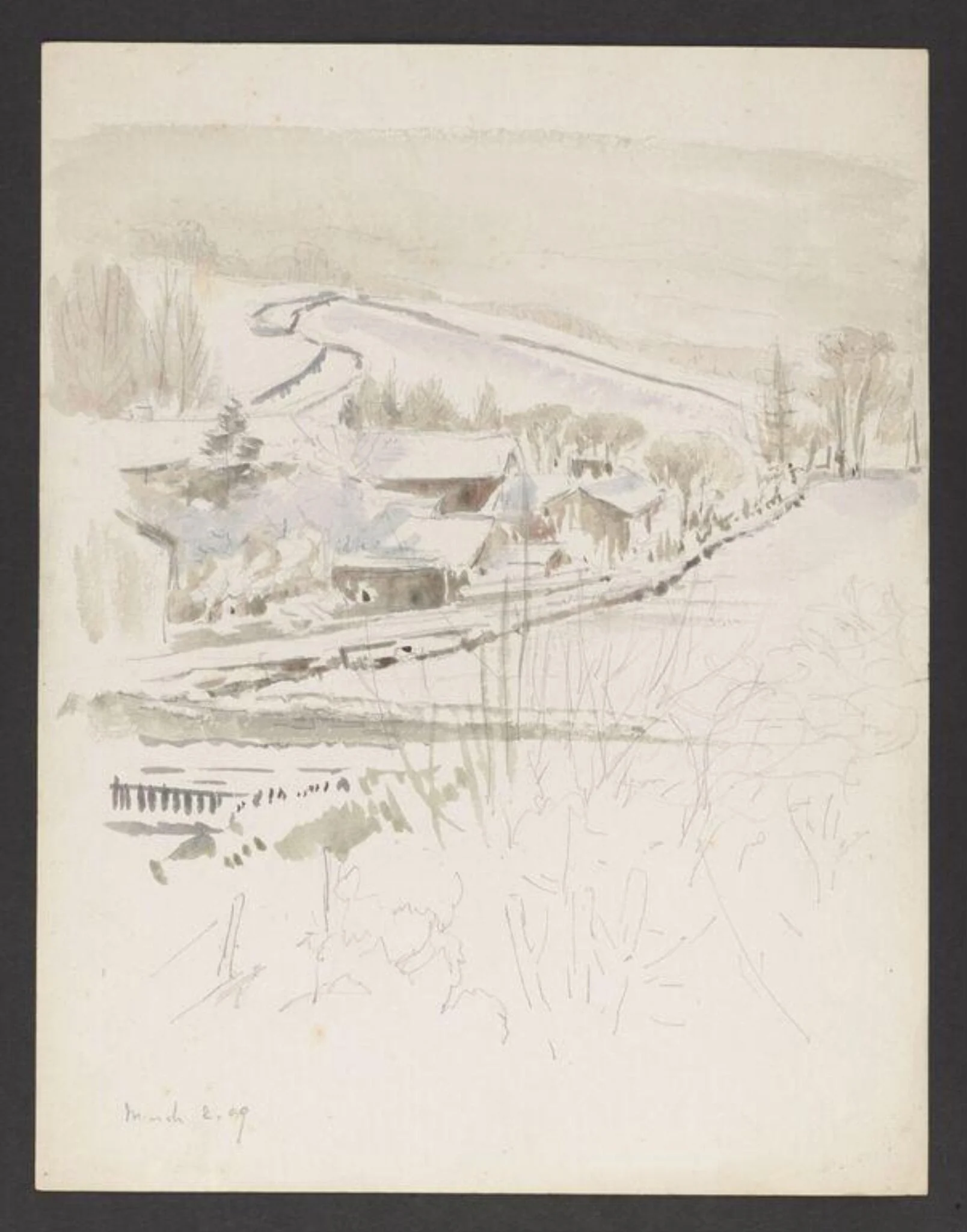Snow-covered buildings at the foot of a hill, detail