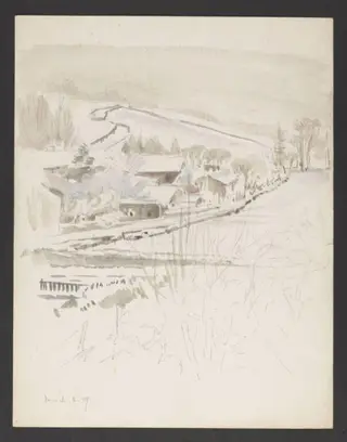 Snow-covered buildings at the foot of a hill, by Beatrix Potter, watercolor, 2