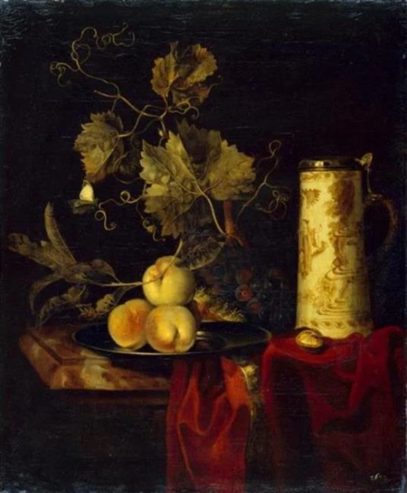 Still life with fruits and beer mug on a dark red robe, detail