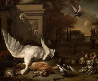Still Life with Goose and Game before a Country Estate, by Jan Weenix, oil, 1685