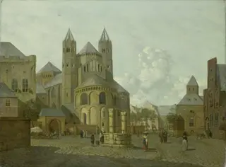 Imaginary Cityscape with Romanesque Church, by Johannes Huibert Prins, oil, 1797