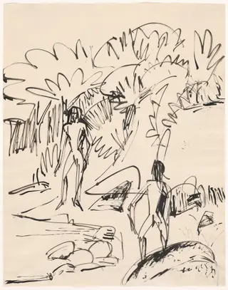 Two Bathers on the Fehmarn Coast (Zwei Badende am hoher Fehmarnküste), by Ernst Ludwig Kirchner, ink, 1912