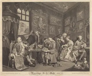 Marriage a la Mode: pl.1, by Louis Gerard Scotin, ink, 1745