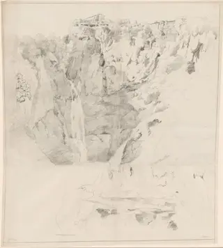 Cliffs with a Waterfall at Tivoli, by Claude Thiénon, chalk, 1809