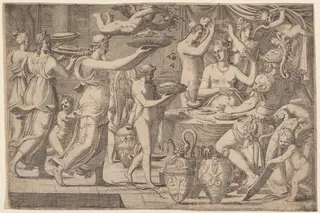 Venus and Mars Served by Cupid and the Three Graces, by Léon Davent, ink, 1547