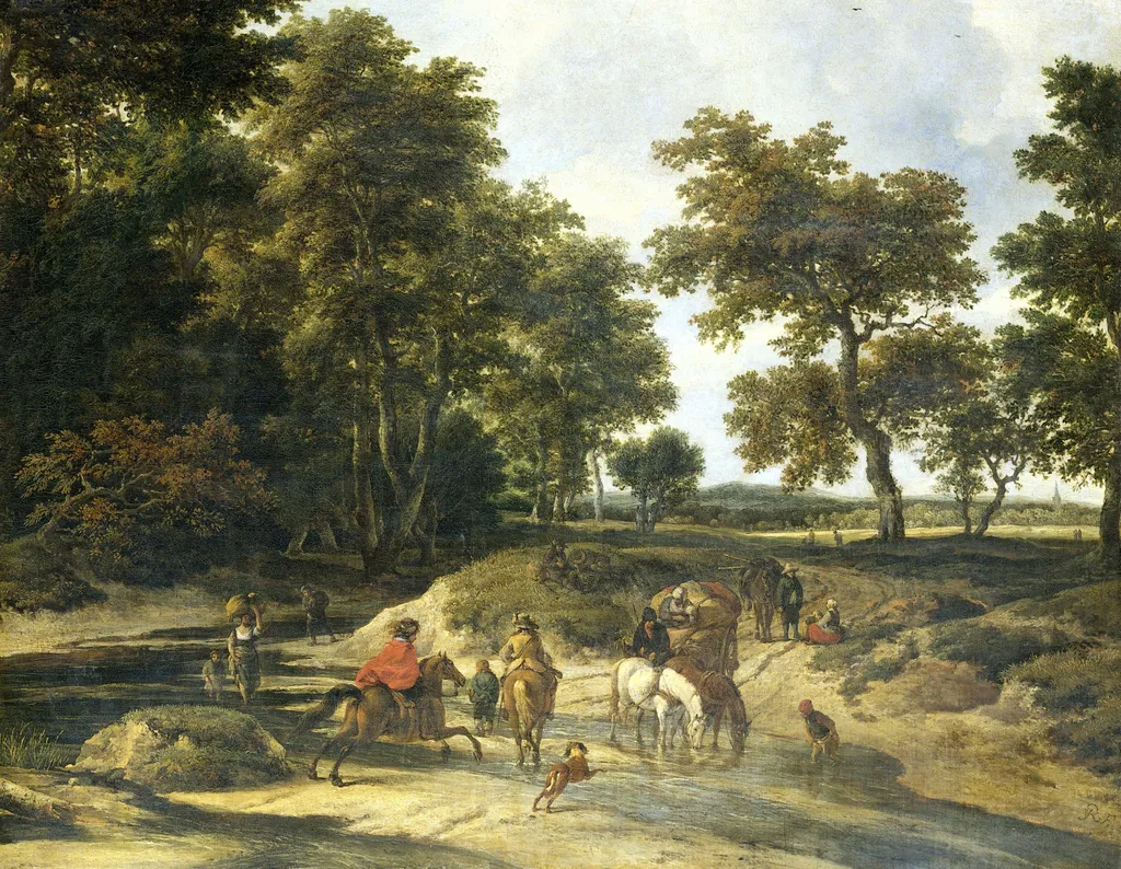 The ford, by Jacob van Ruisdael, oil, 1660