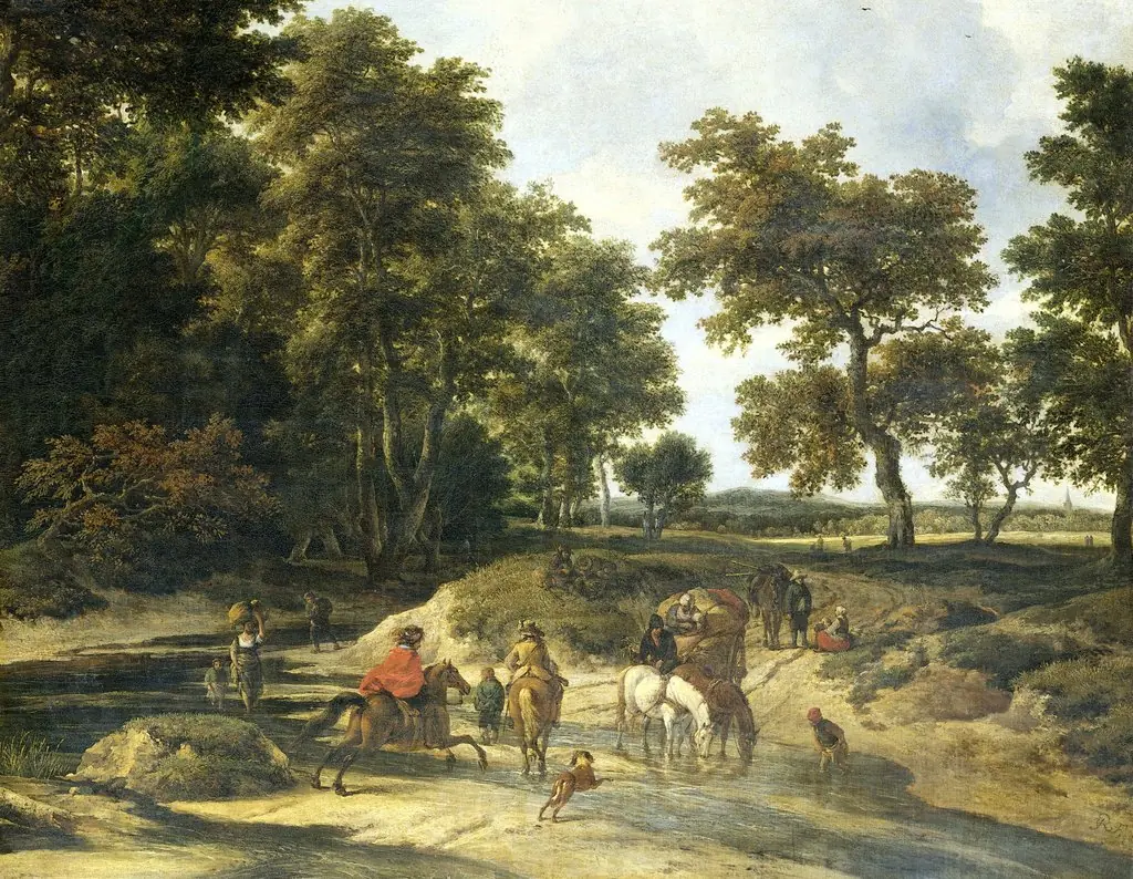 The ford, by Jacob van Ruisdael, oil, 1660