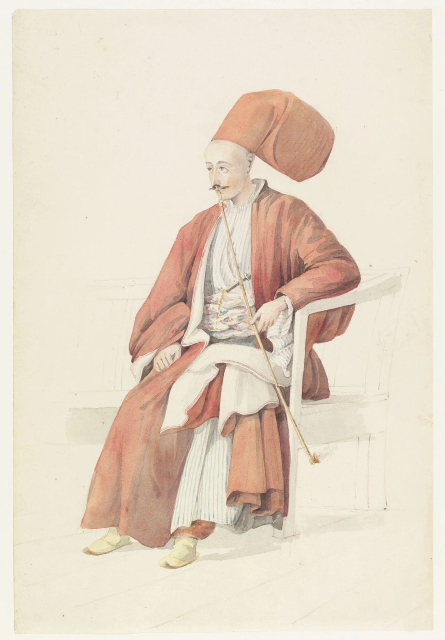 A Bostanci at the Court of the Sultan, seated on a bench, smoking, detail