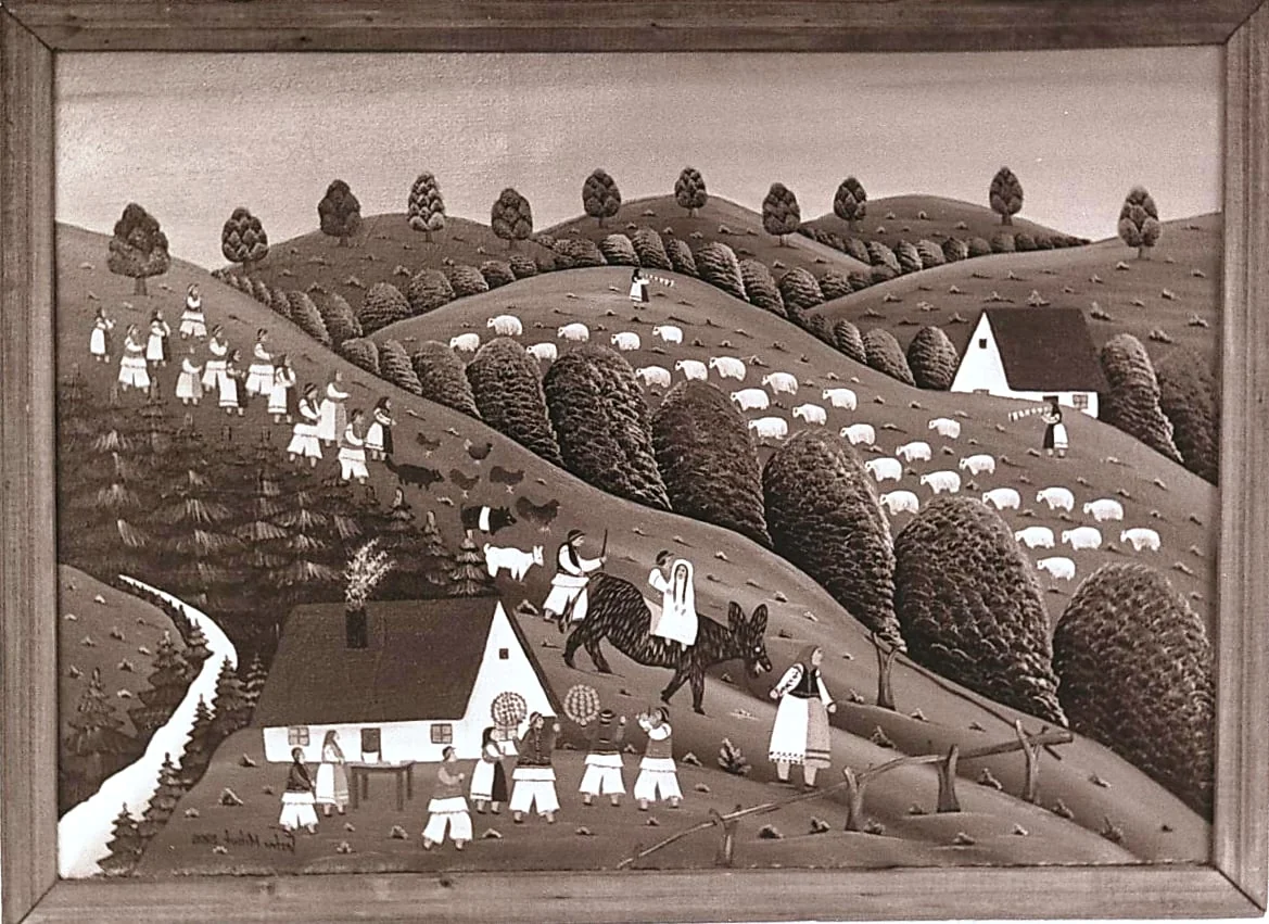 Sequences from the Village Museum, naive painting by Petru Mihuțe - The wedding of the poor boy (1988), detail