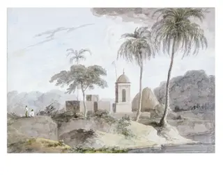 View near Bandell, India, by Thomas RA Daniell, watercolor, 1749