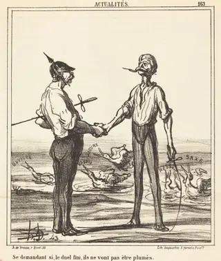 Se demandant si, le duel fini, ils ne vont pas etre plumes, by Honoré Daumier, ink, 1866