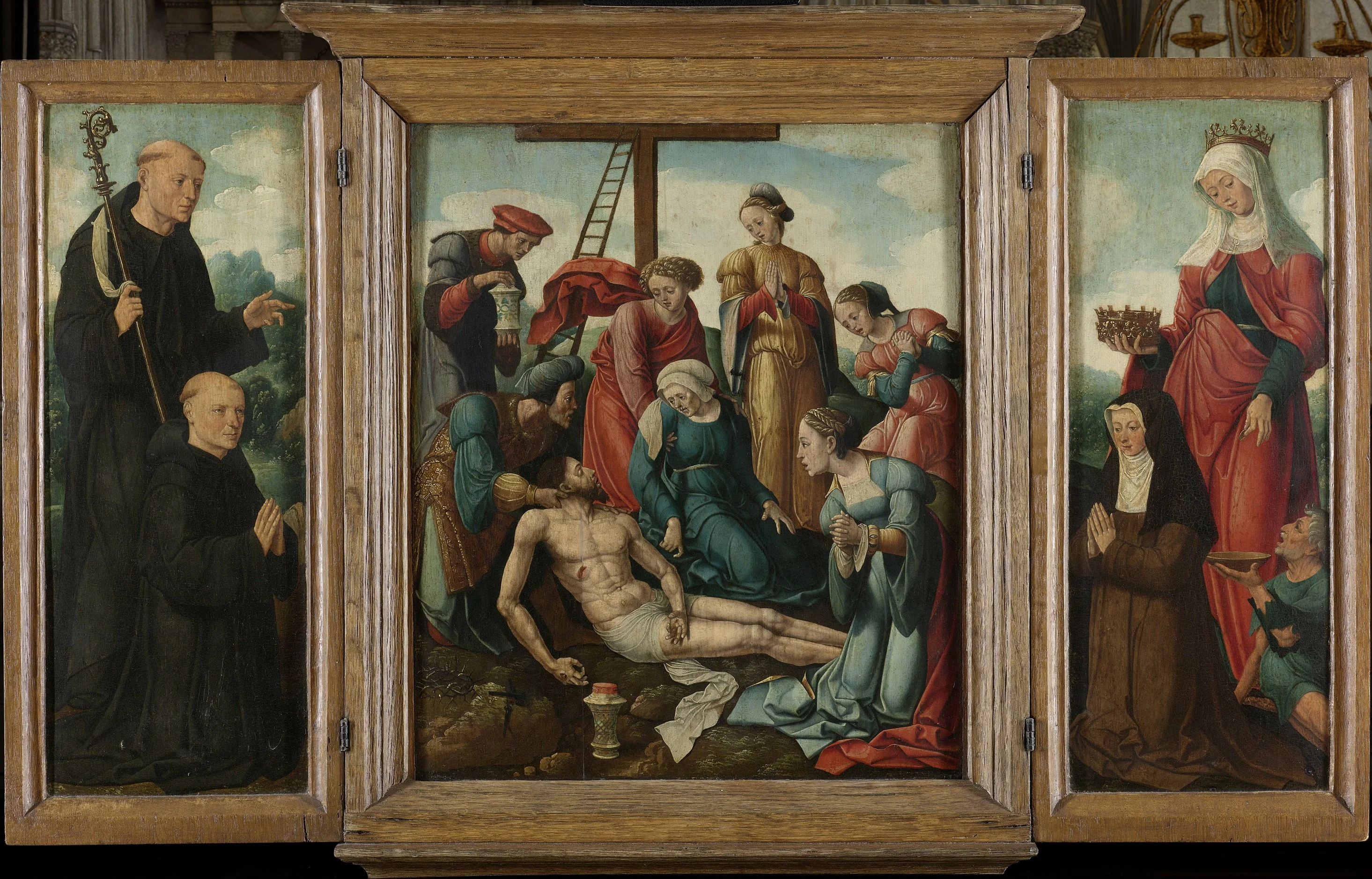 Triptych with the Lamentation of Christ (centre panel), the donor with St Benedict (inner left wing) and the donatrix with St Elizabeth of Thuringia (inner right wing), detail