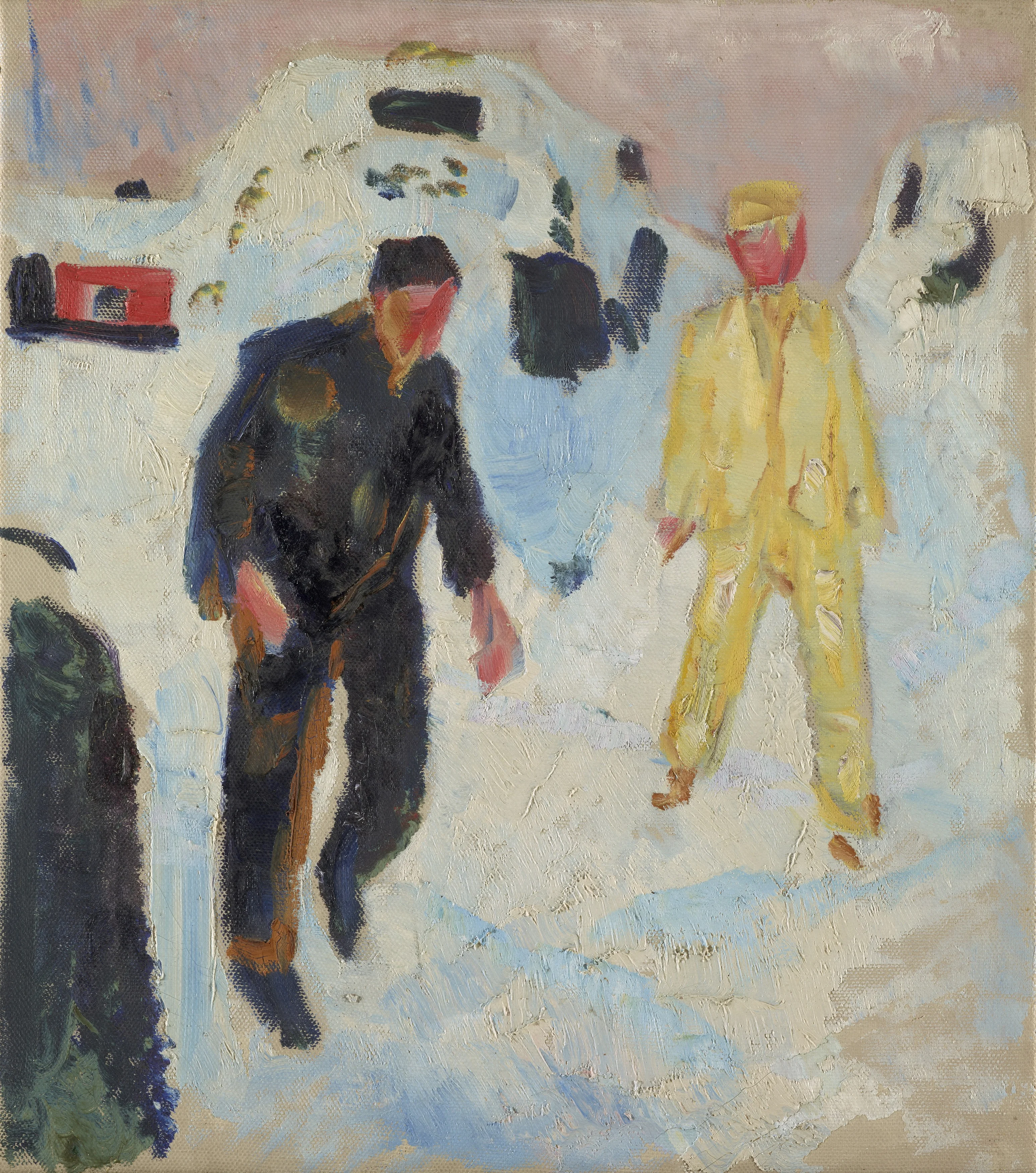 Black and Yellow Man in Snow, detail