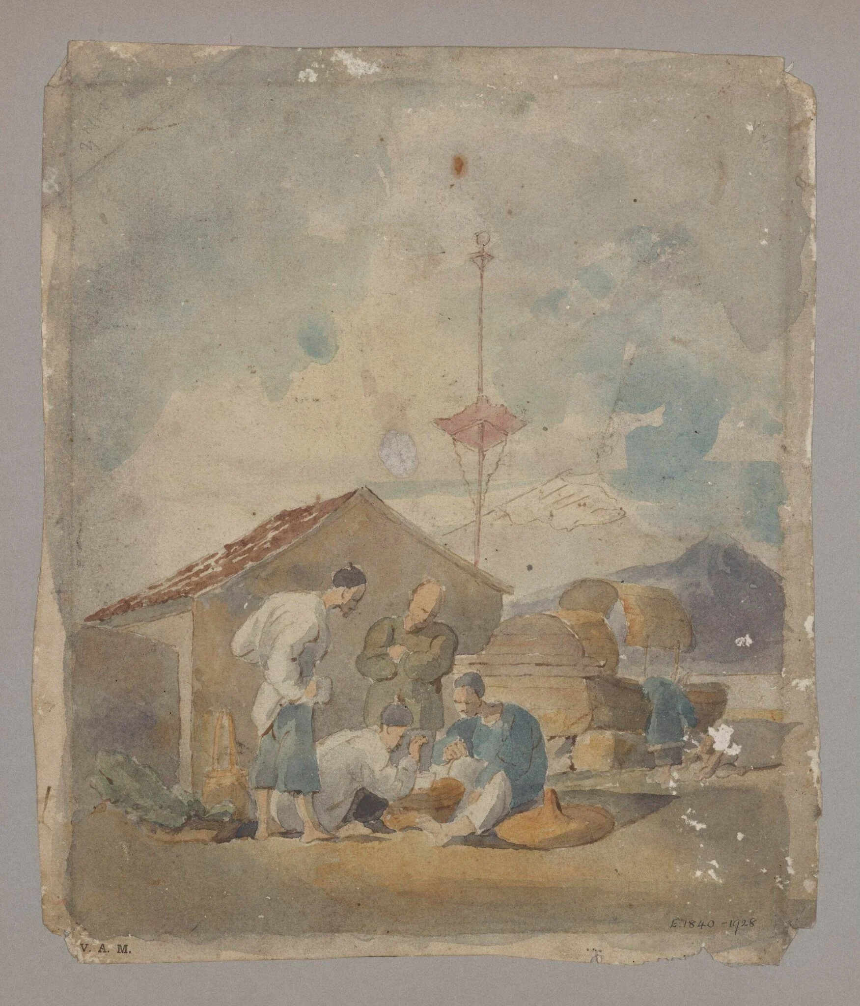 Chinese figures beside a Tanka boat raised up on the beach, detail