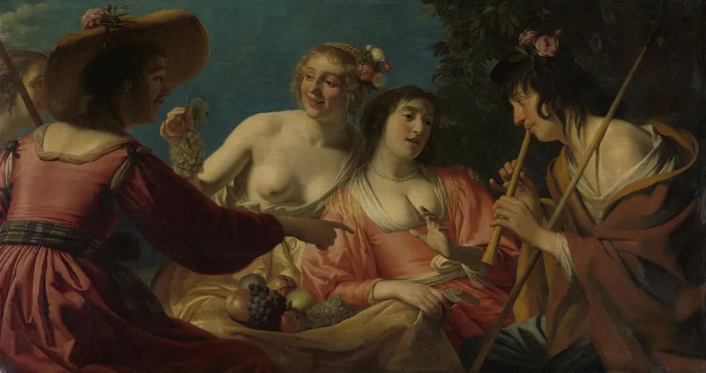 Shepherd playing the flute, and four shepherdesses, by Gerard van Honthorst, oil, 1632