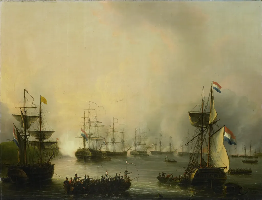 Bombardment of Palembang, Sumatra, by the Dutch Fleet, 24 June 1821, by Martinus Schouman, oil, 1834