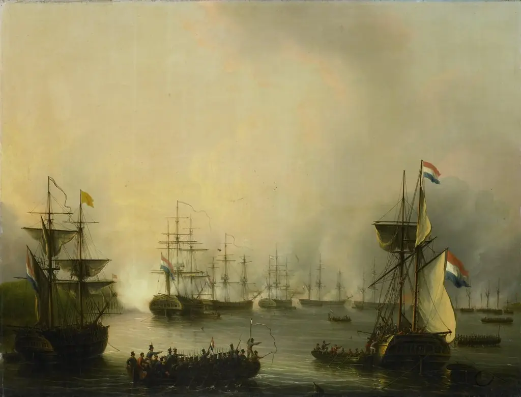 Bombardment of Palembang, Sumatra, by the Dutch Fleet, 24 June 1821, by Martinus Schouman, oil, 1834