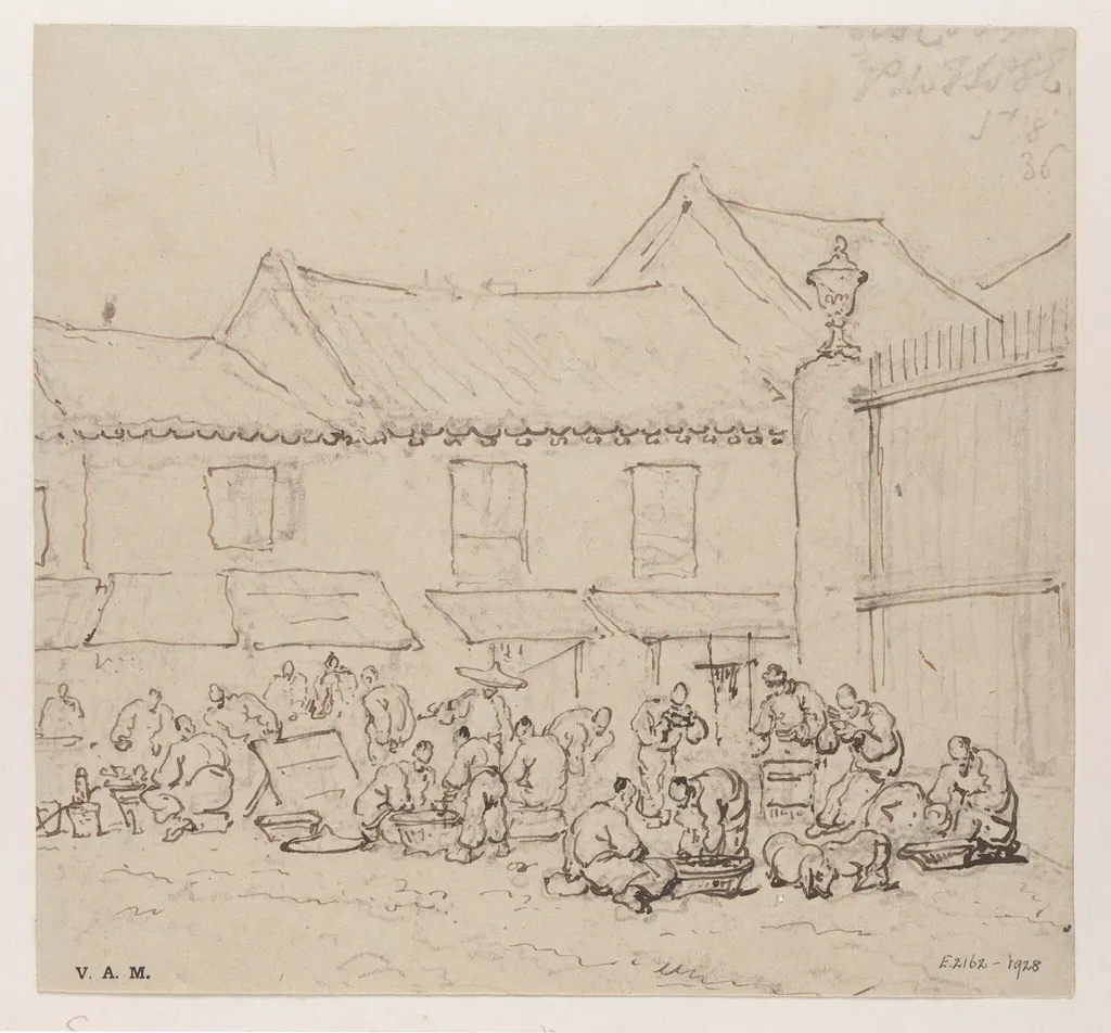 Vendors outside the Church of San Domingos, Macau, by George Chinnery, 4