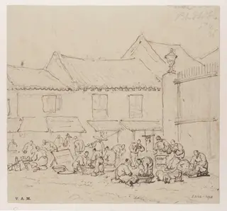 Vendors outside the Church of San Domingos, Macau, by George Chinnery, 4