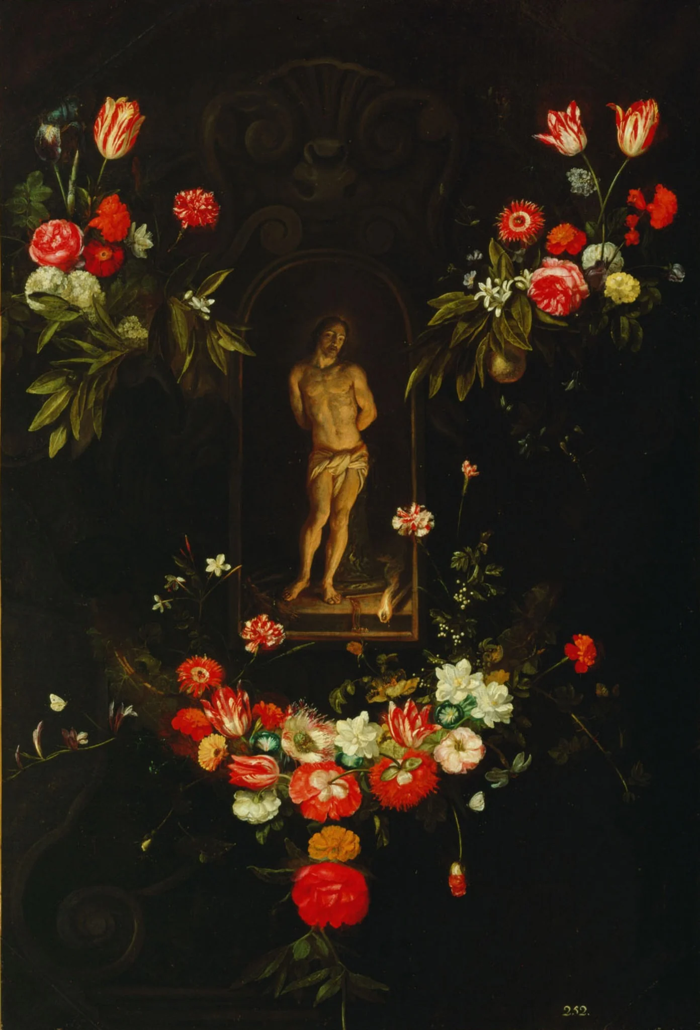 Christ at the column, in a garland of flowers, detail