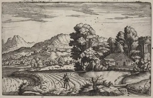 Mountainous Landscape with the Parable of the Sower, by Giovanni Battista Fontana, ink, 1572