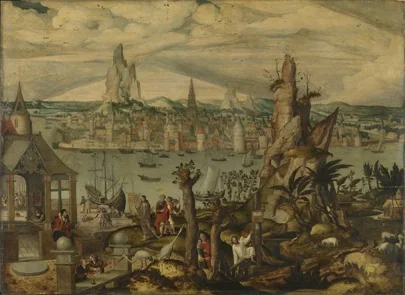 Imaginary view of Antwerp with scenes from the life of Saint Matthew, detail