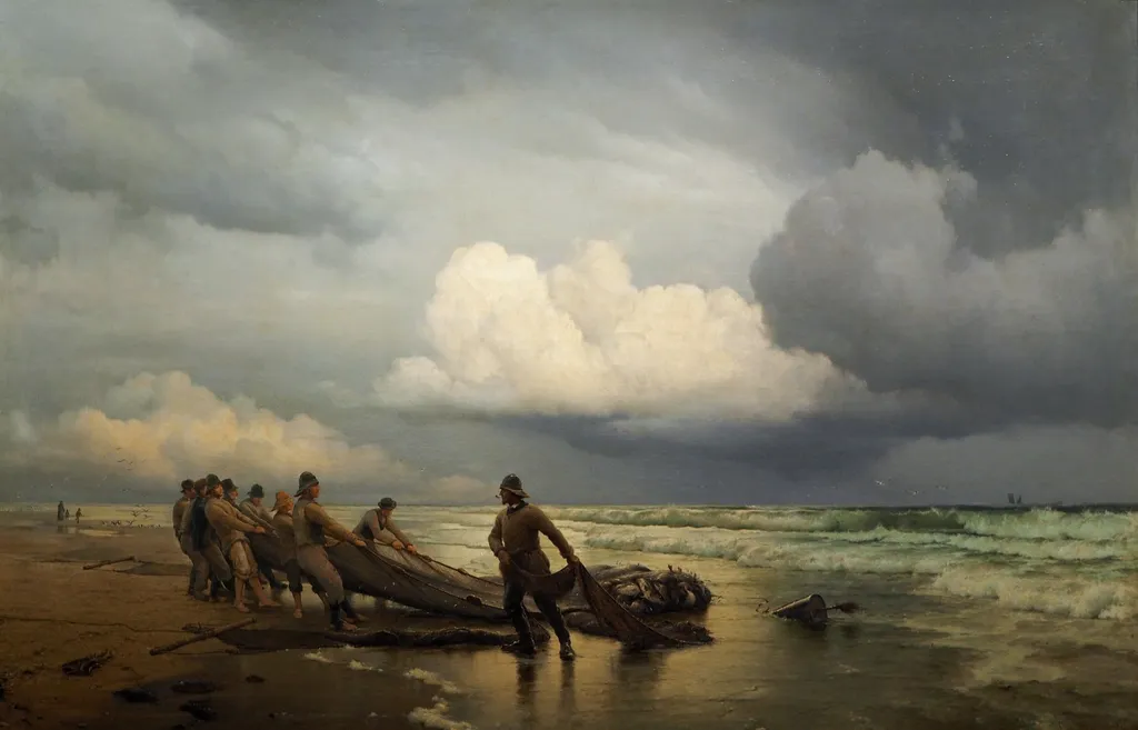 Fiskere trækker våd på Skagen Nordstrand, by Carl Neumann, oil, 1870