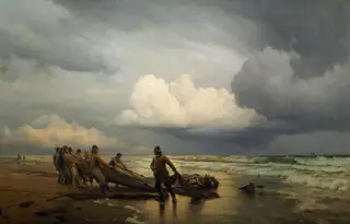 Fiskere trækker våd på Skagen Nordstrand, by Carl Neumann, oil, 1870