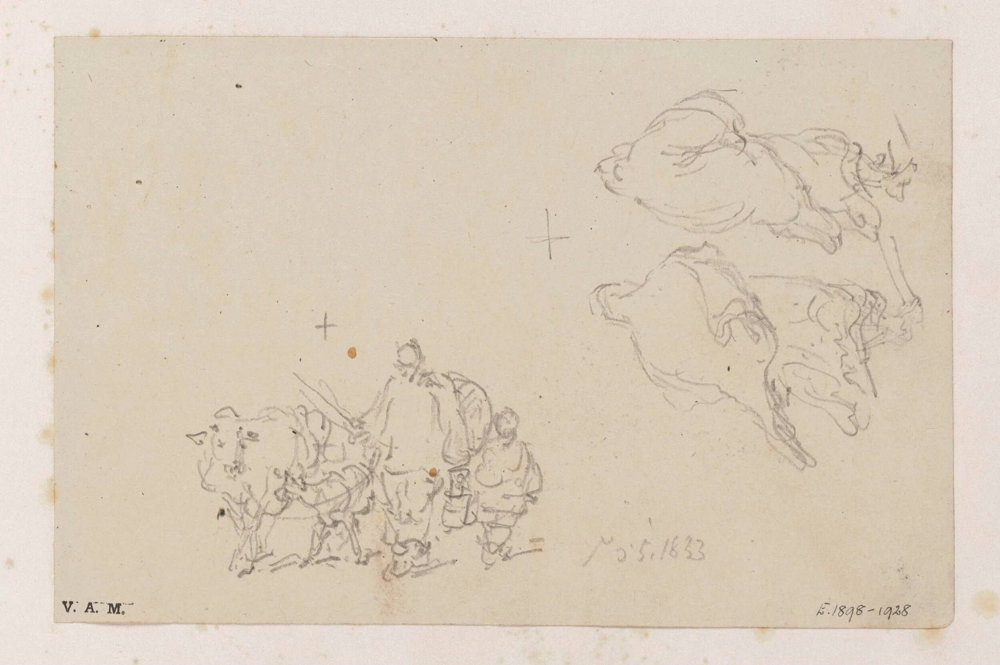 Two figures with a cow and calf; and two Macanese women, detail