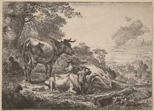 Resting Cows, by Nicolaes Pieterszoon Berchem, ink, 1652