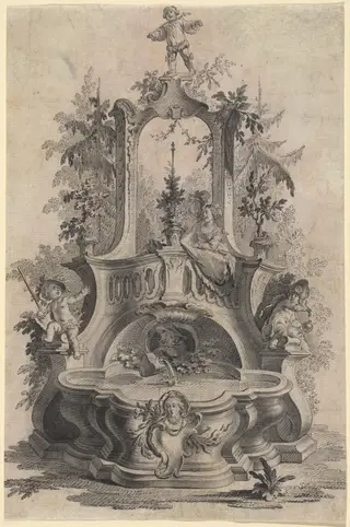 Rococo Fountain with Lovers and the Four Elements, by Johann Esaias Nilson, ink, 1754