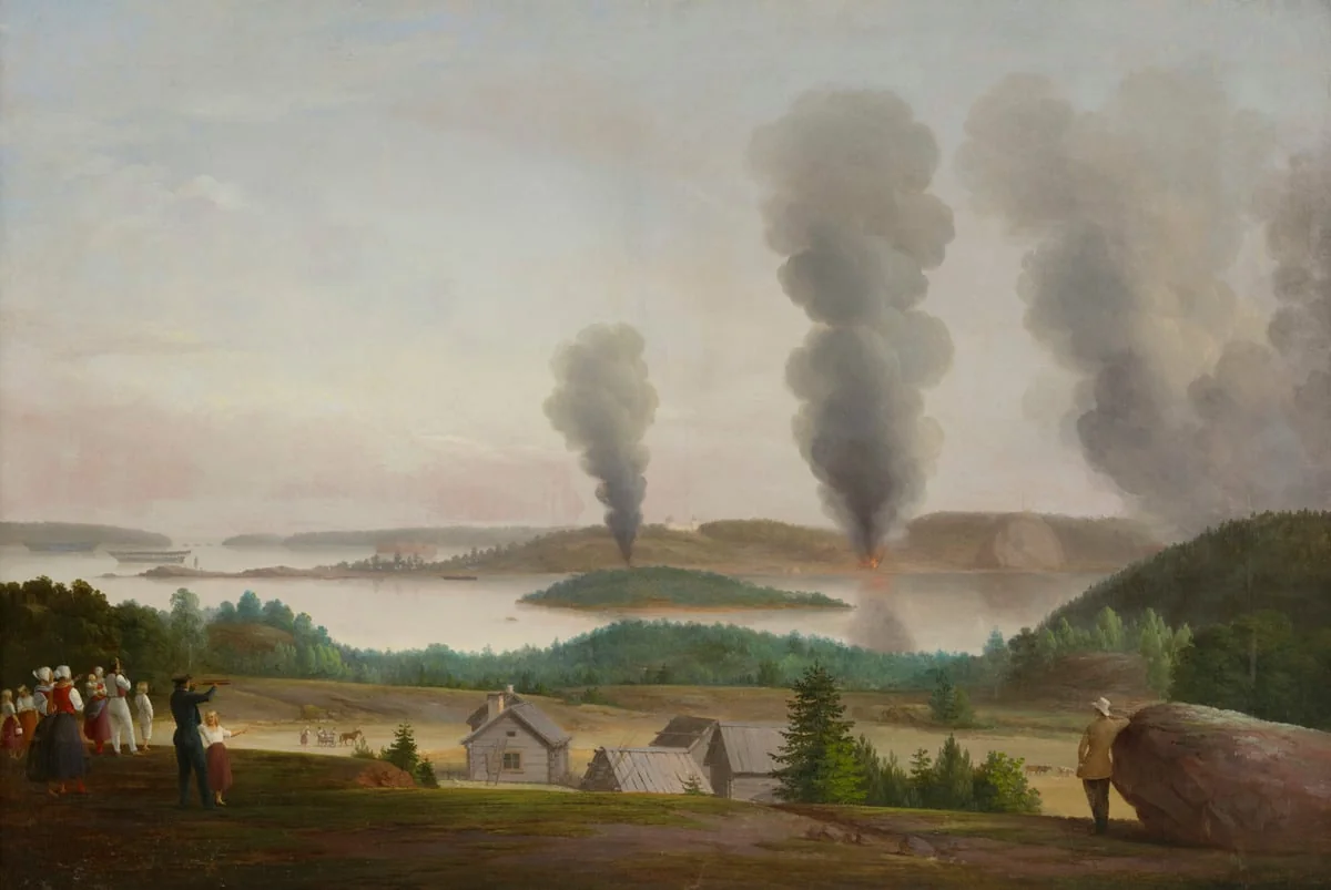 Ruotsinsalmi poltetaan, kohtaus "Oolannin sodasta" 1855, detail