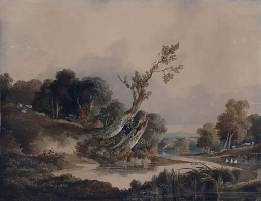 Landscape with trees and a stream, by J.T. Young, watercolor, 1818