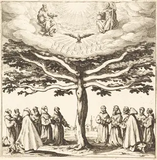 The Holy Trinity in the Tree of Life, Adored by Franciscans, by Jacques Callot, ink, 1621