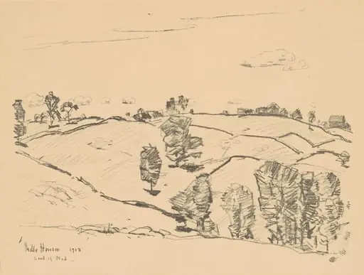 Stone Fences, Land of Nod, by Childe Hassam, ink, 1918