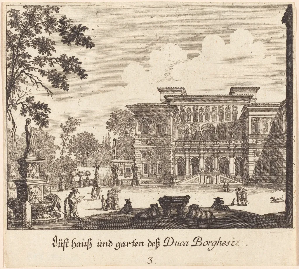 Borghese Palace and Gardens, by Melchior Küsel, ink, 1681