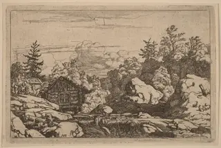 Cottages at the Bank, by Allart van Everdingen, ink, 1650