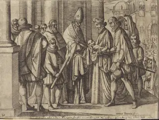 Philip as a Boy Before Margaret of Austria [verso], by Antonio Tempesta, ink, 1612